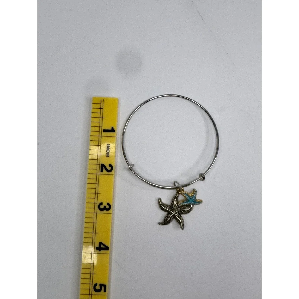 Silver Starfish Expandable Bangle Bracelet Turquoise Enamel Nautical Charm Beach
